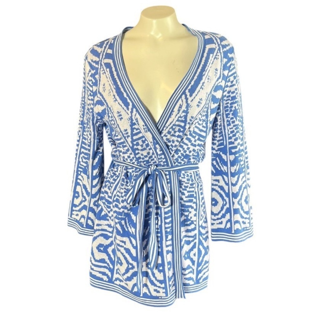 Soft Surroundings Blue White Geometric Wrap Cardigan Sweater PXS 3EC55